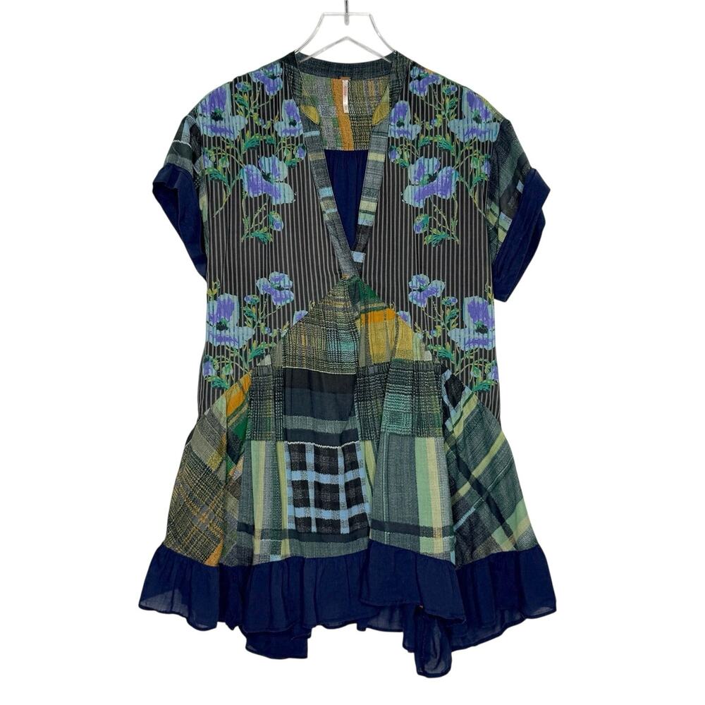 Free People Printed Agnes Dress XS Oversized Floral Plaid Patchwork Print Boho